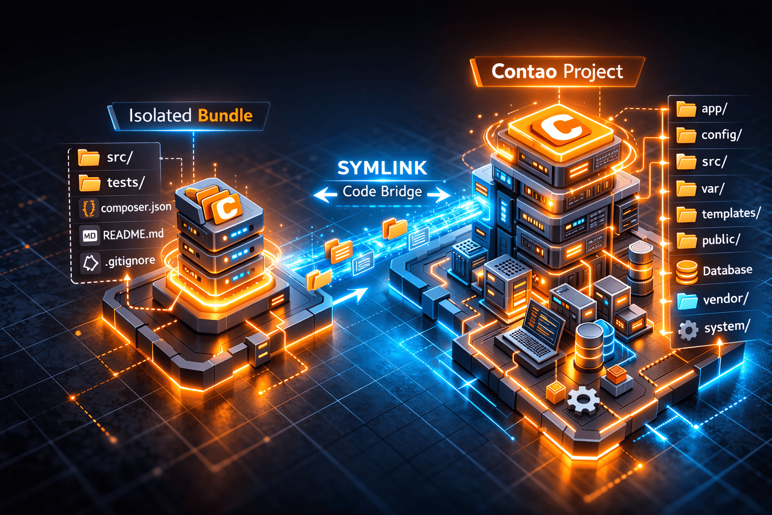 Darstellung einer leuchtenden digitalen Brücke (Symlink), die einen isolierten Code-Ordner nahtlos mit einer Contao-Hauptinstallation verbindet.