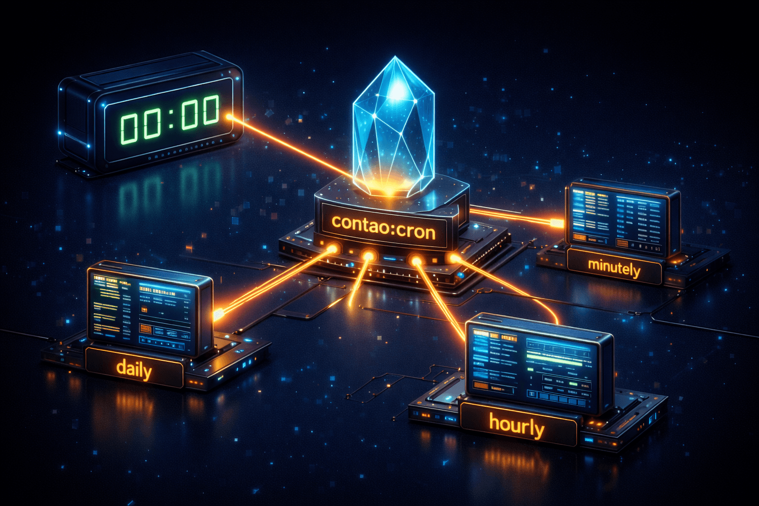 Darstellung des Contao Cronjob Frameworks als zentraler Dispatcher für Hintergrundprozesse