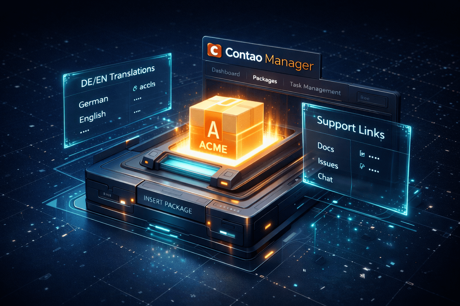 Eine digitale Benutzeroberfläche, die den Contao Manager darstellt, in den ein neues Erweiterungspaket inklusive Logo und übersetzten Beschreibungen geladen wird.