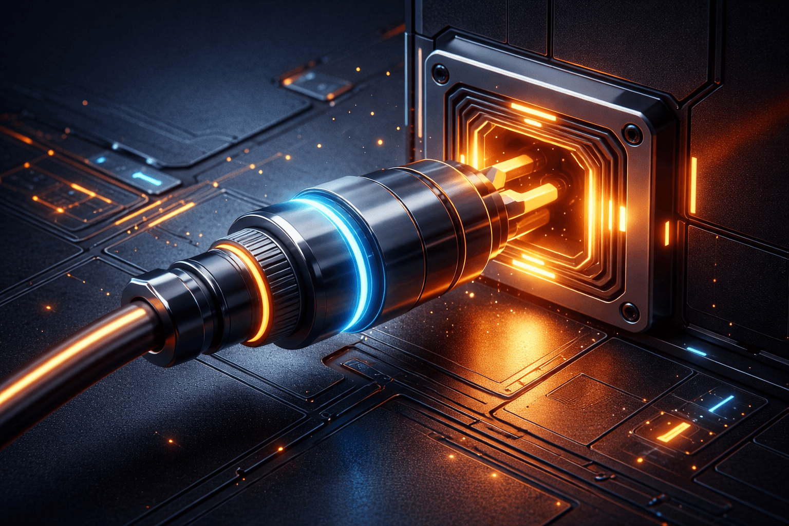 Ein Stecker wird in eine Buchse gesteckt, System fährt hoch