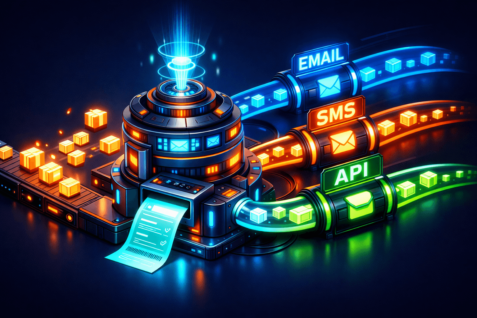 Abstrakte Darstellung der Notification Center Architektur mit Paketen und Gateways