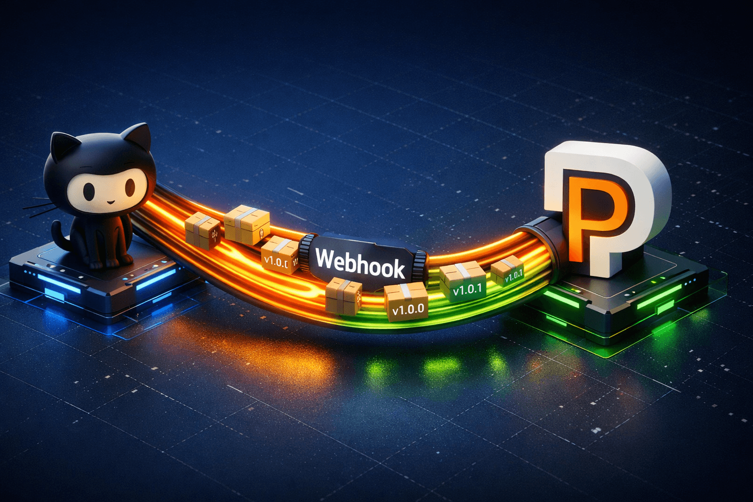 Darstellung der Packagist-Oberfläche, die über einen leuchtenden Webhook-Kabelbaum mit GitHub verbunden ist, um neue Code-Releases automatisch zu synchronisieren.