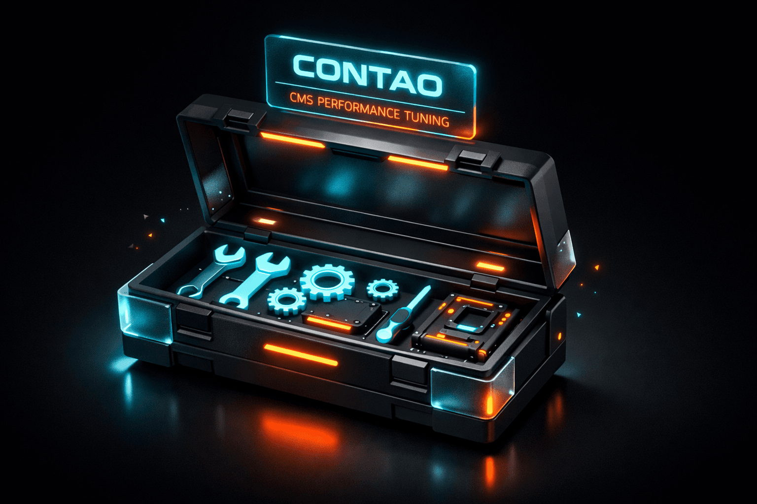 Ein moderner, digitaler Werkzeugkoffer mit leuchtenden Werkzeugen und einem holografischen Contao-Schriftzug.