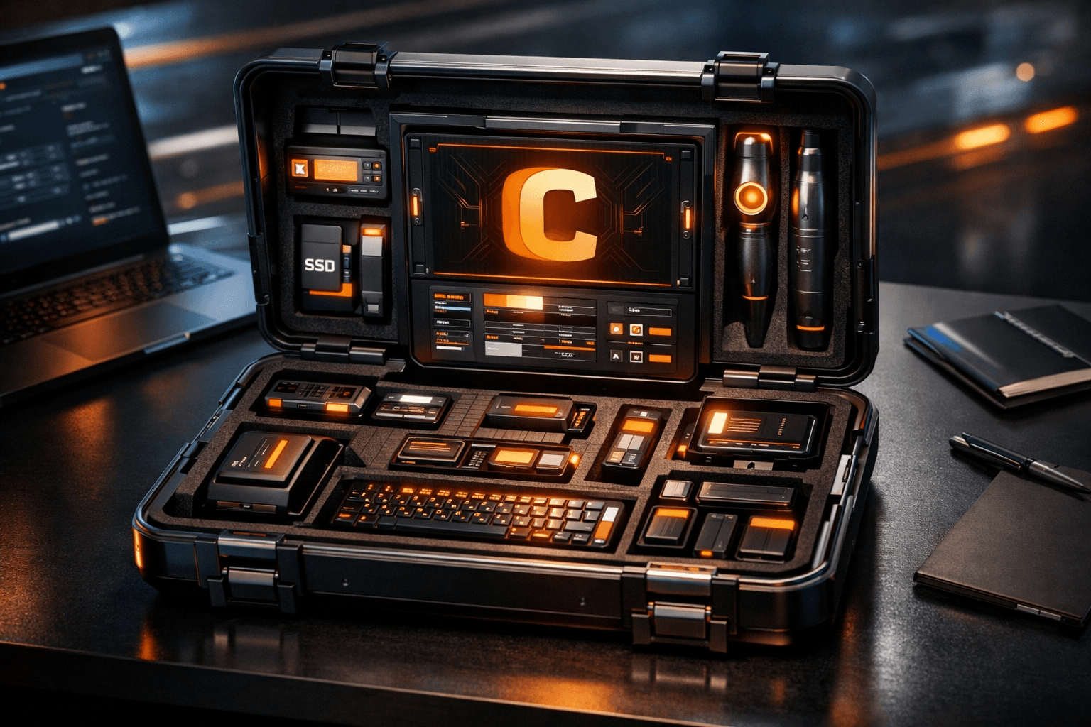 Ein moderner, geordneter Werkzeugkoffer mit orangen Akzenten und dem Contao-Logo auf einem Schreibtisch.
