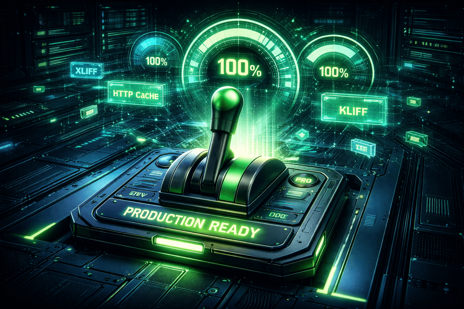 Ein futuristisches Dashboard, auf dem ein Schalter von "Development" auf "Production" umgelegt wird, während Leistungsanzeigen auf das Maximum ansteigen.