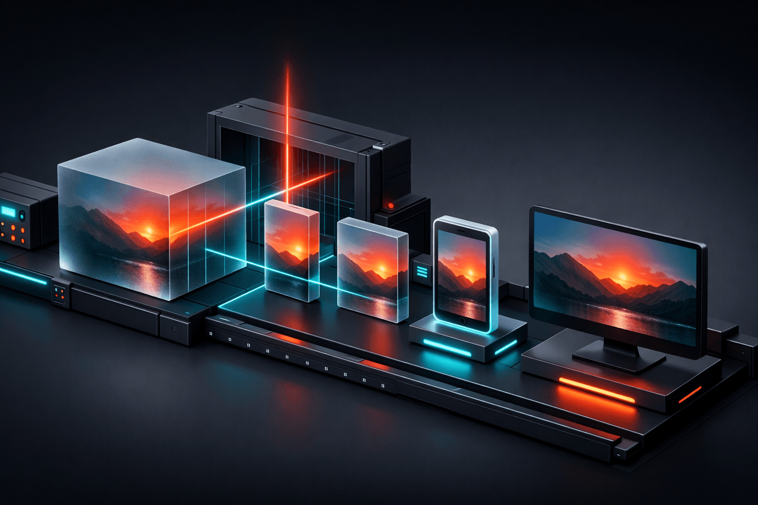 Eine digitale Laser-Schnittstelle schneidet ein großes Bild passgenau für Mobile, Tablet und Desktop zu.