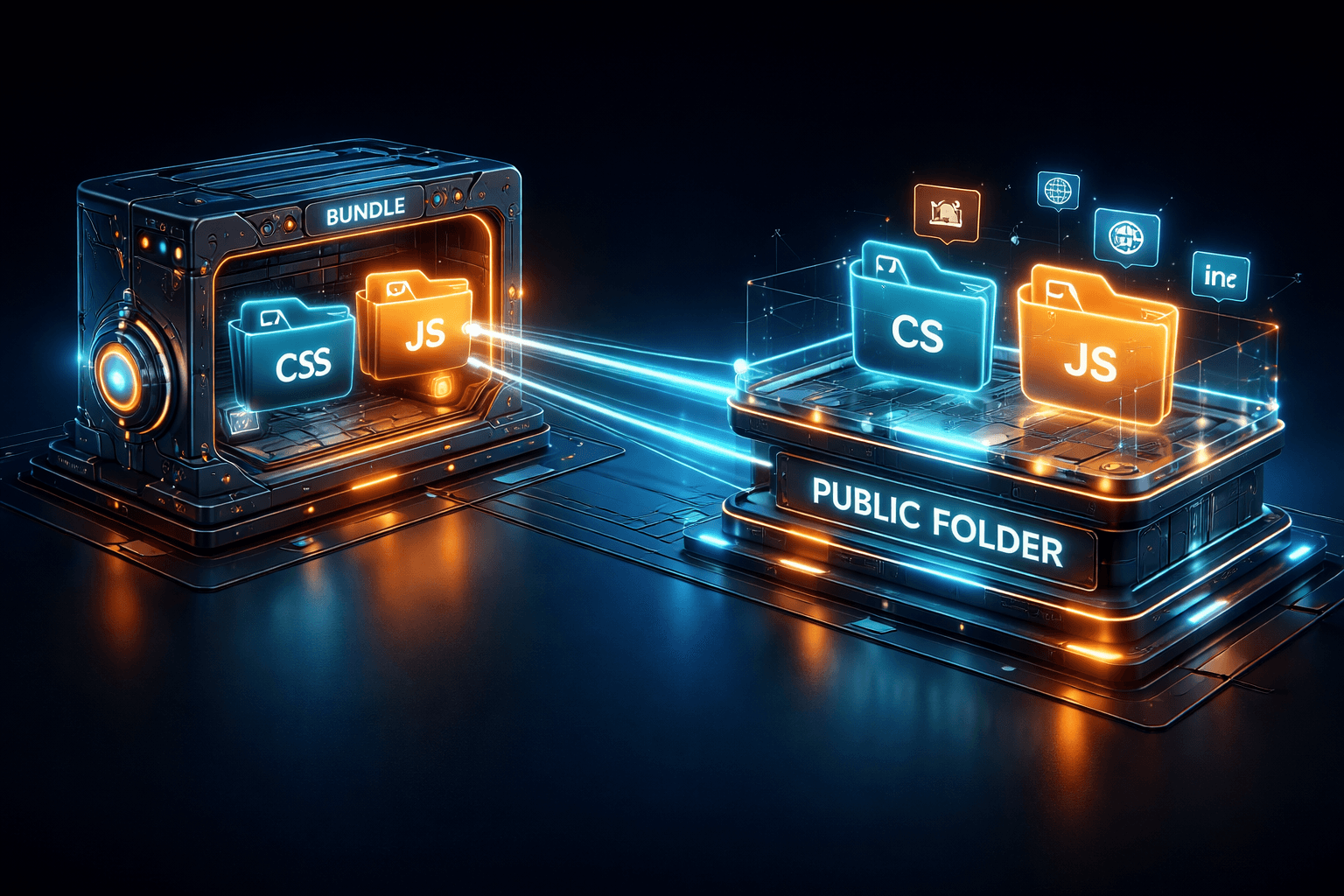 Darstellung des Symfony Asset Managements, bei dem Bundle-Dateien in den Public-Ordner gespiegelt werden