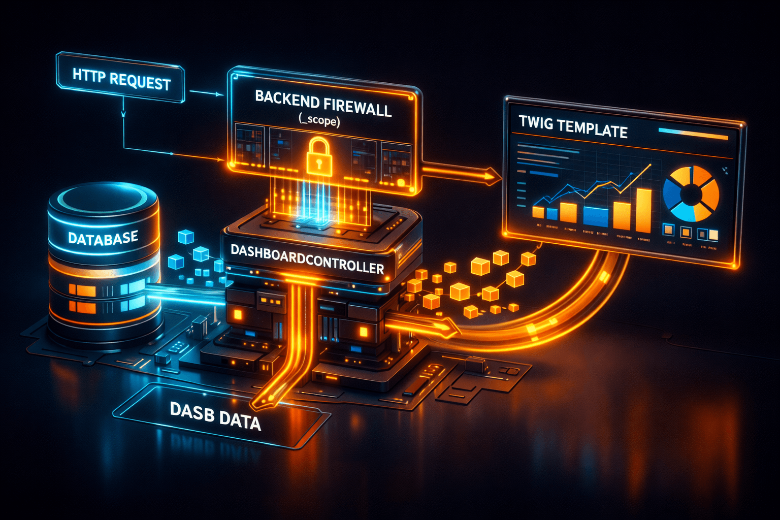 Datenfluss eines Symfony Backend Controllers in Contao mit Scope-Authentifizierung