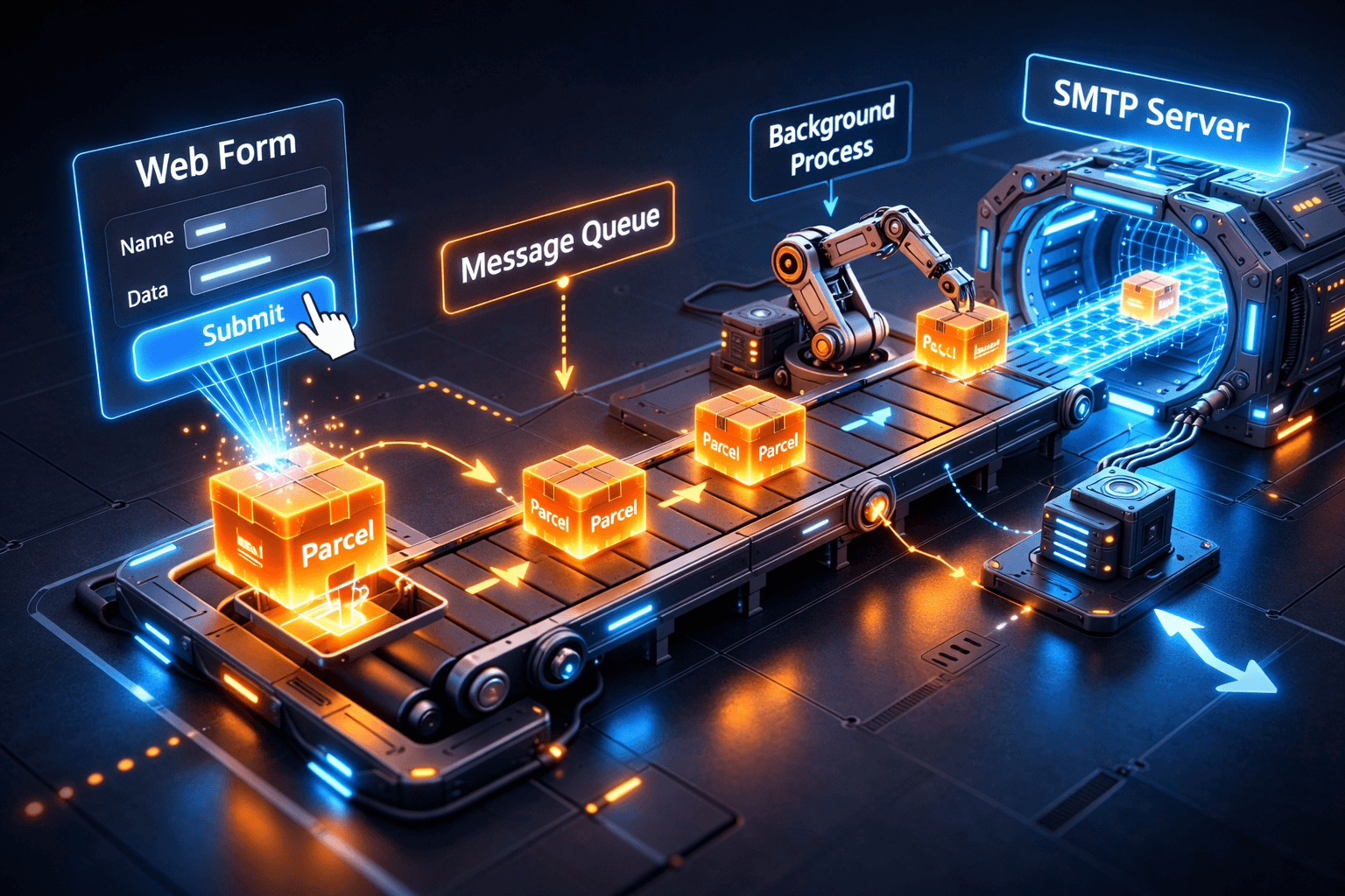 Abstrakte Darstellung einer Message Queue, bei der Pakete asynchron verarbeitet werden
