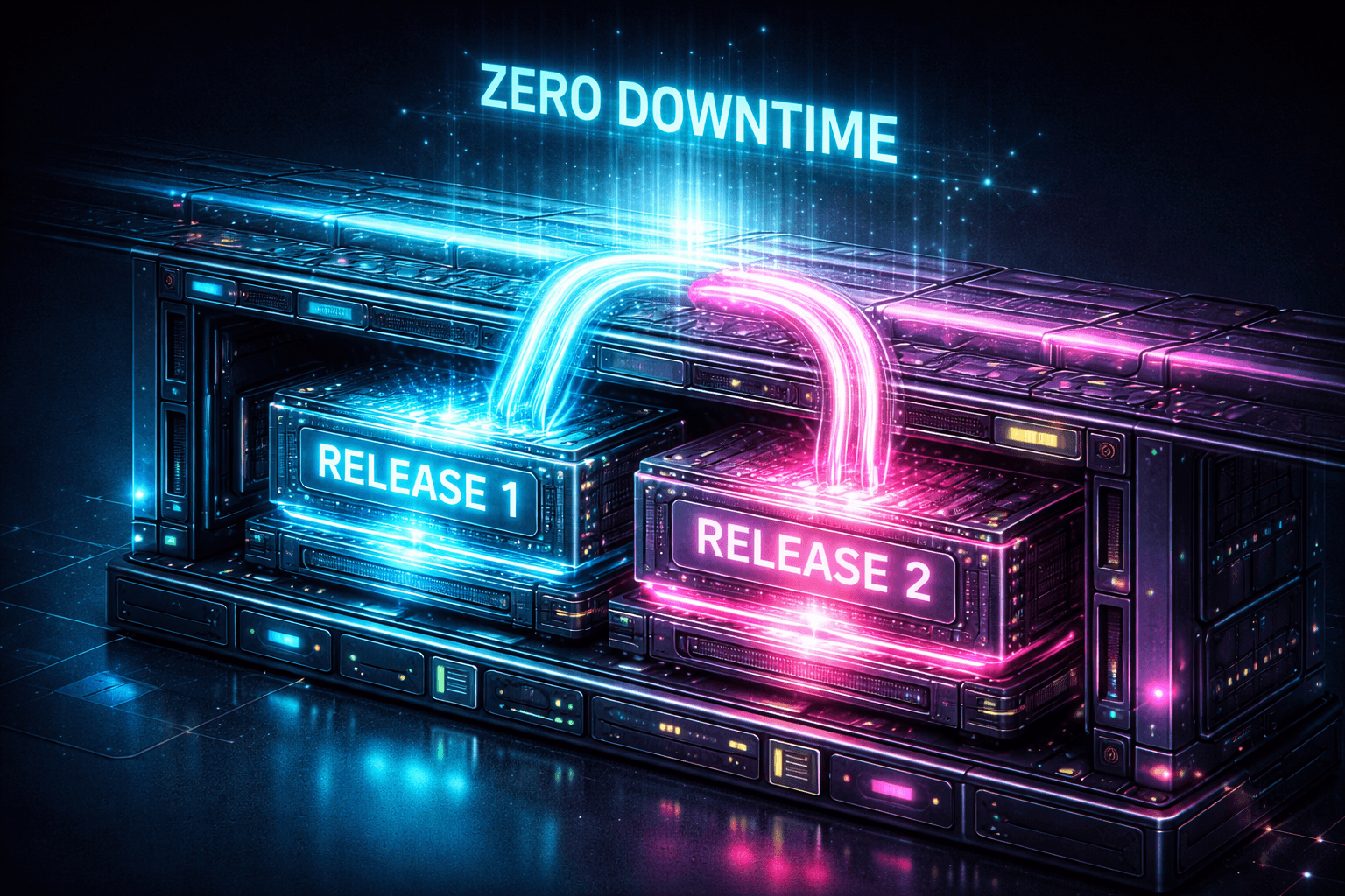 Ein fließender Übergang von Code-Paketen auf Server-Infrastrukturen, symbolisiert durch einen Schalter, der ohne Unterbrechung auf eine neue, leuchtende Version umgelegt wird.