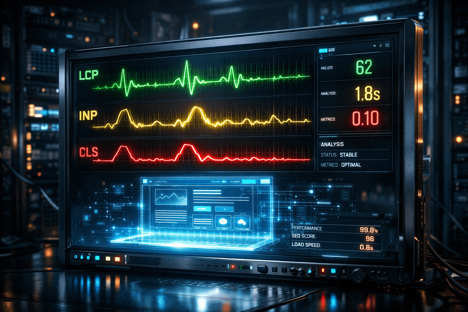 Medizinischer High-Tech-Monitor in einem Serverraum zeigt die Kurven für LCP, INP und CLS an.