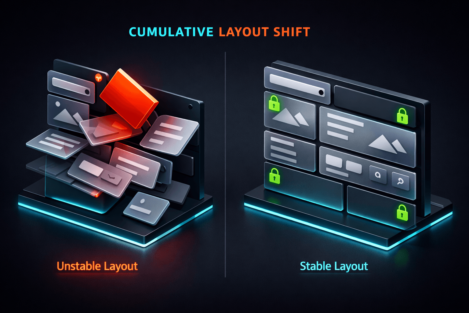 Abstraktes Website-Layout aus Blöcken: Links stürzen rote Elemente ein (instabil), rechts sind grüne Elemente fest verankert (stabil).