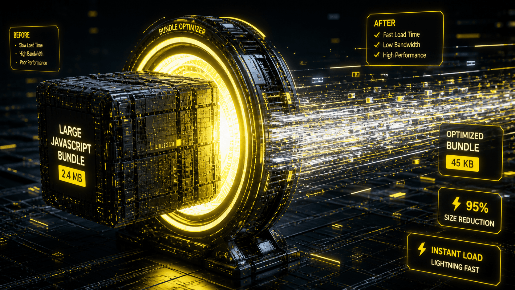 Ein klobiger Datenblock wird durch einen High-Tech-Laserring in einen pfeilschnellen, leuchtenden Datenstrom verwandelt.