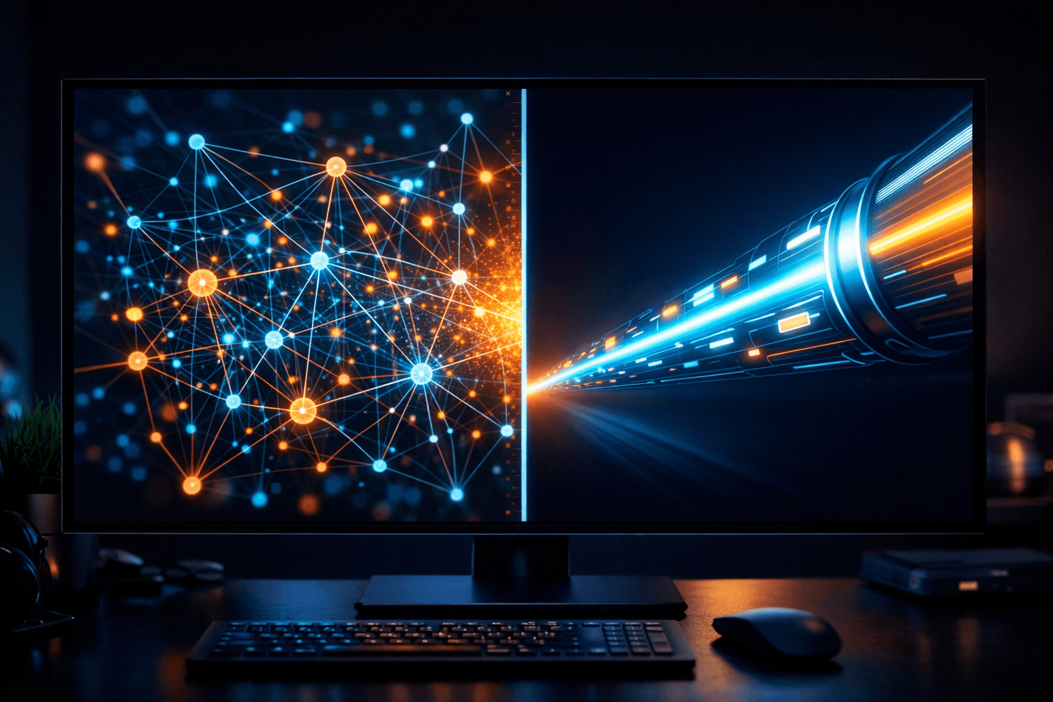 Ein geteilter Entwickler-Bildschirm im Darkmode: Links ein komplexer, verschachtelter Datenbaum, rechts eine geradlinige, schnelle Daten-Pipeline.
