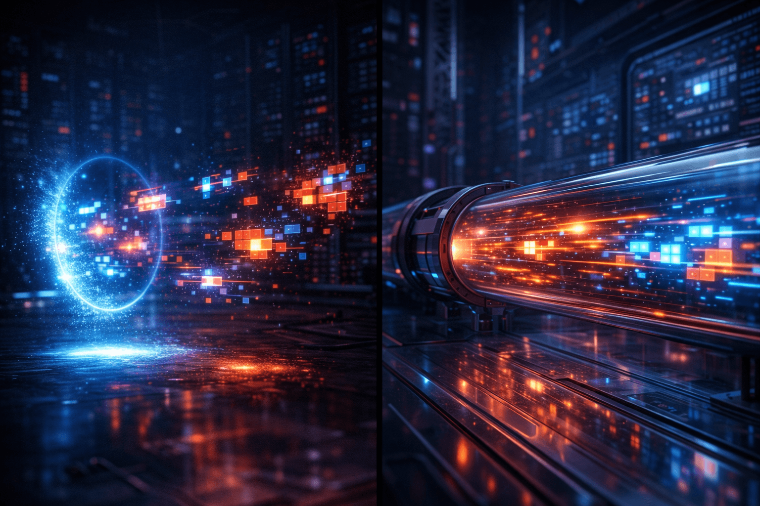 Ein geteilter Bildschirm: Links fliegt ein leuchtendes Datenpaket unsichtbar durch den Raum, rechts wird es über eine klassische, hochtechnologische Röhre transportiert.