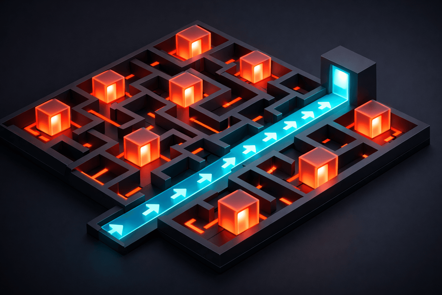 Ein leuchtendes Labyrinth aus Datenpfaden, das die Probleme von Duplicate Content und vielen ähnlichen URLs visualisiert.