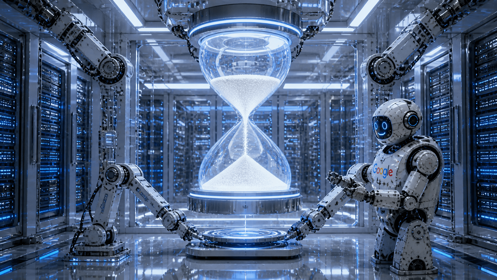 Eine magische Sanduhr symbolisiert die Hintergrund-Aktualisierung von ISR, während der Googlebot zuschaut.