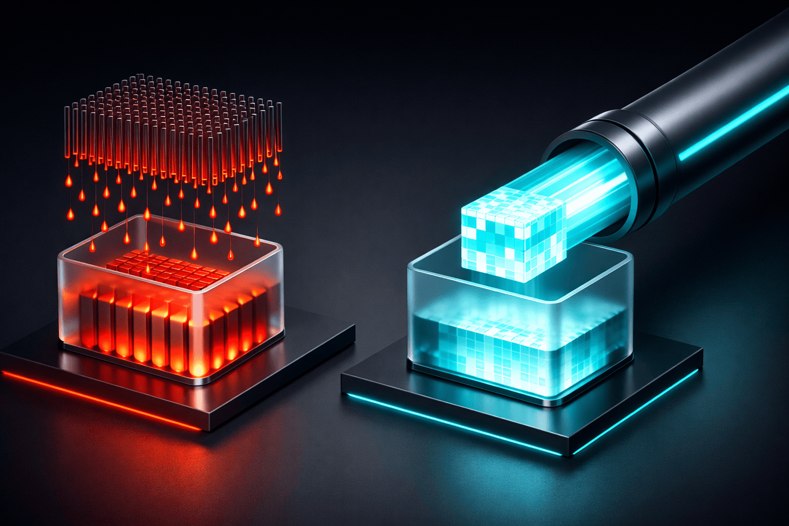 Vergleich von Datenbank-Abfragen: Links viele langsame rote Rohre (Lazy Loading), rechts eine riesige, extrem schnelle Pipeline (Eager Loading).