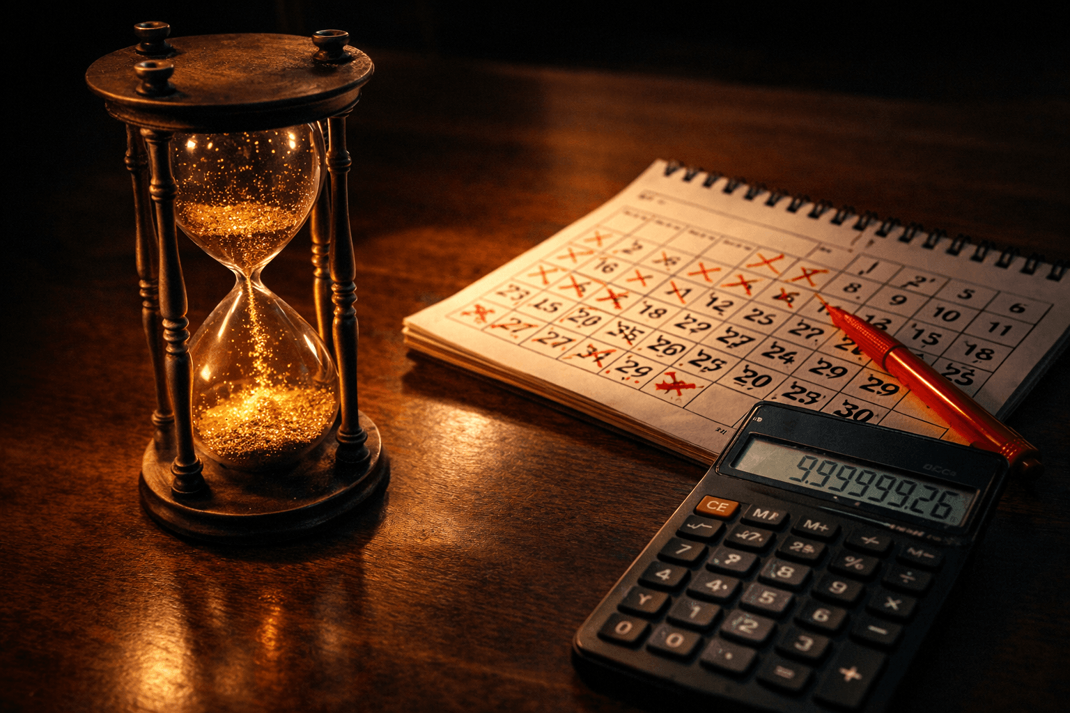 Eine Sanduhr, durch die Goldmünzen rieseln, neben einem komplexen Zeitplan-Kalender auf dem Schreibtisch.