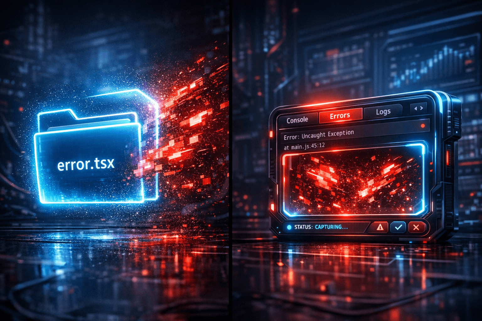 Ein abstrakter, leuchtender Code-Editor im Darkmode, der auf der linken Seite durch ein Schutzschild blockierte rote Fehler-Pakete zeigt, während rechts die Fehler nahtlos in die UI integriert werden.