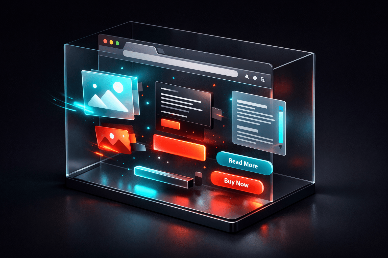 Ein gläserner Raum (Browser), in dem fliegende Bauteile sich selbstständig zu einer Website zusammensetzen.