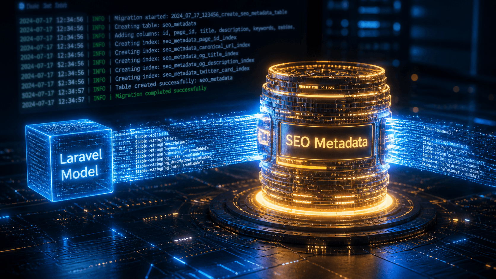 Eine leuchtende Datenbrücke verbindet ein Laravel-Modell mit der zentralen SEO-Datenbank.