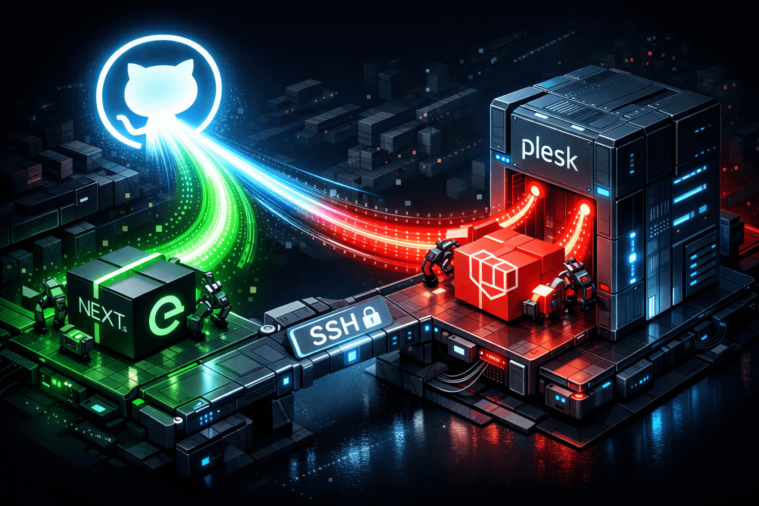 Eine GitHub Actions Pipeline pusht Next.js und Laravel Code auf einen Plesk Server.