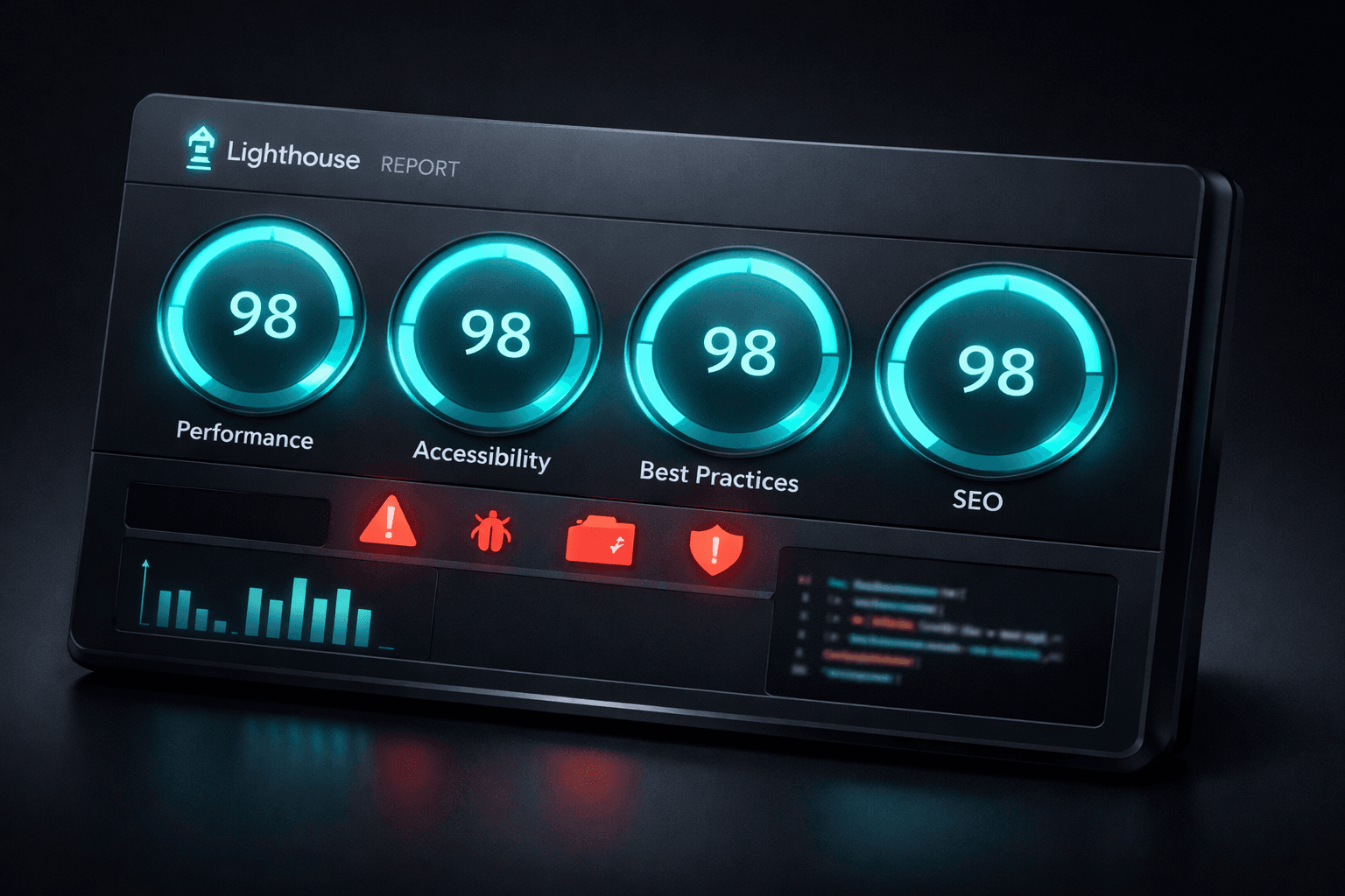 Ein detailliertes Lighthouse-Audit-Dashboard im Dark Mode mit hohen Bewertungen für SEO und Performance.