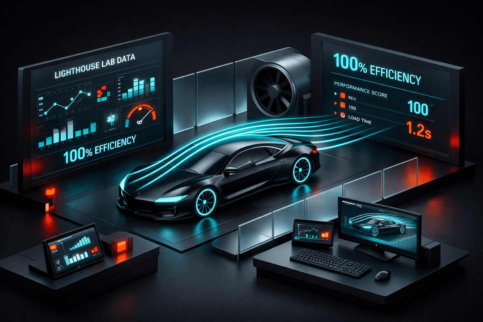 Ein digitales Auto steht in einem futuristischen Windkanal, umströmt von blauen Linien. Bildschirme zeigen 100% Effizienz.