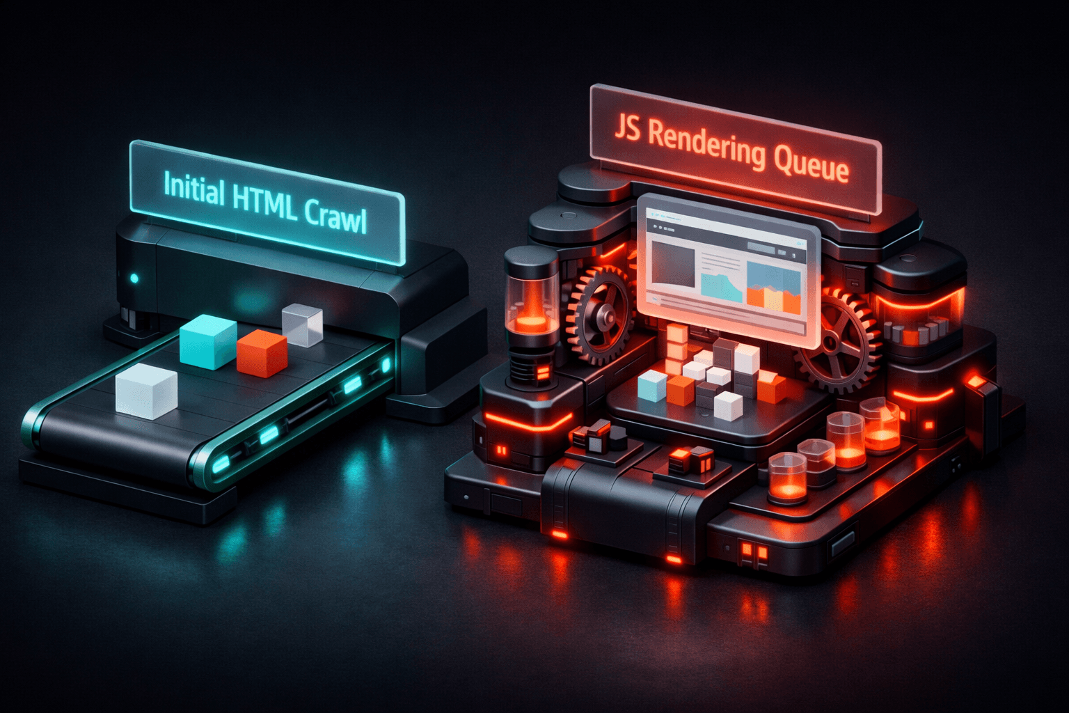 Diagramm der zwei Crawling-Phasen: Schnelles initiales HTML-Crawling gefolgt von der langsameren JavaScript-Rendering-Warteschlange.