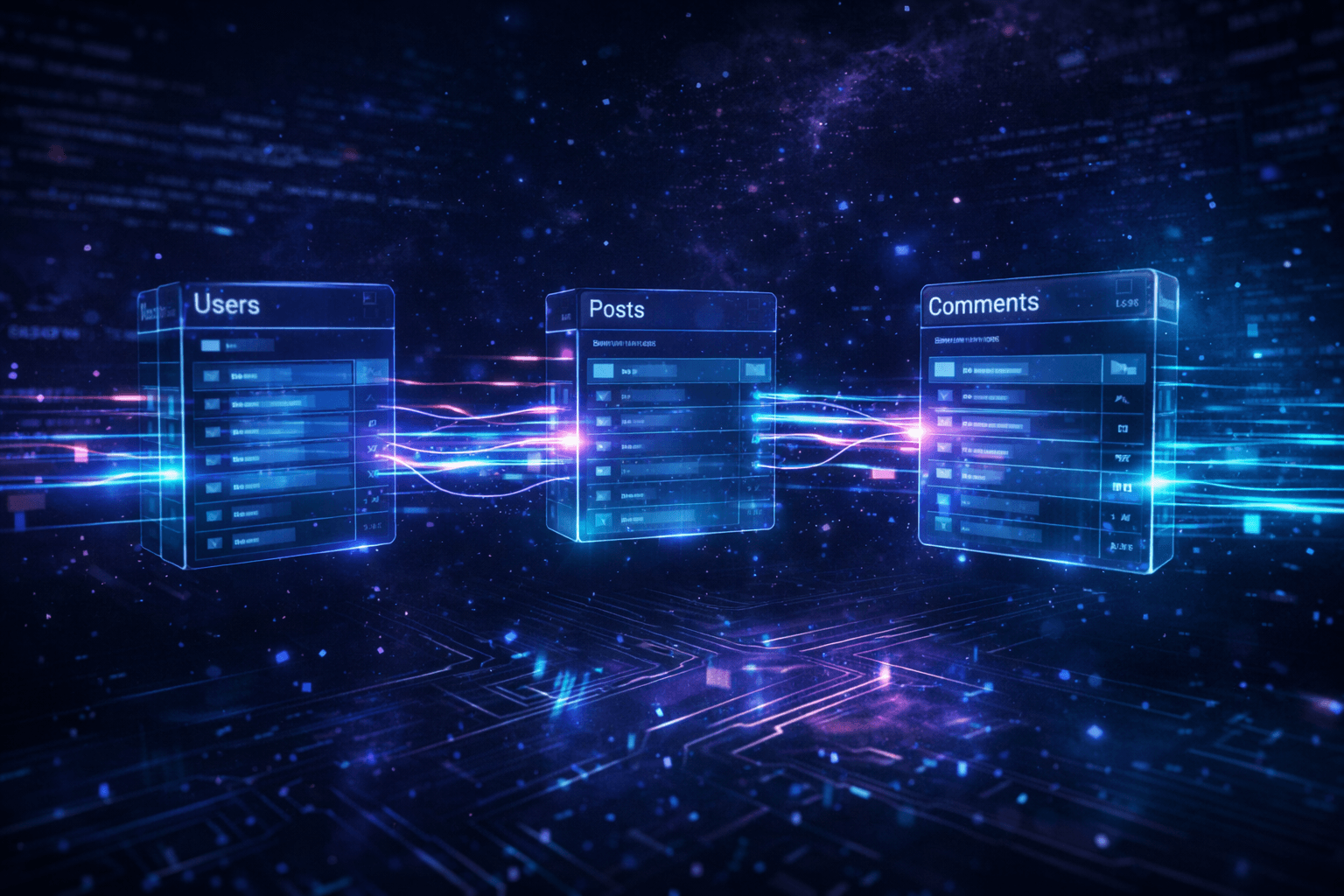 Schwebendes, futuristisches 3D-Datenbankschema im dunklen Cyberspace. Holografische Tabellen sind durch leuchtende, neonfarbene Datenströme und Laserlinien miteinander verbunden.