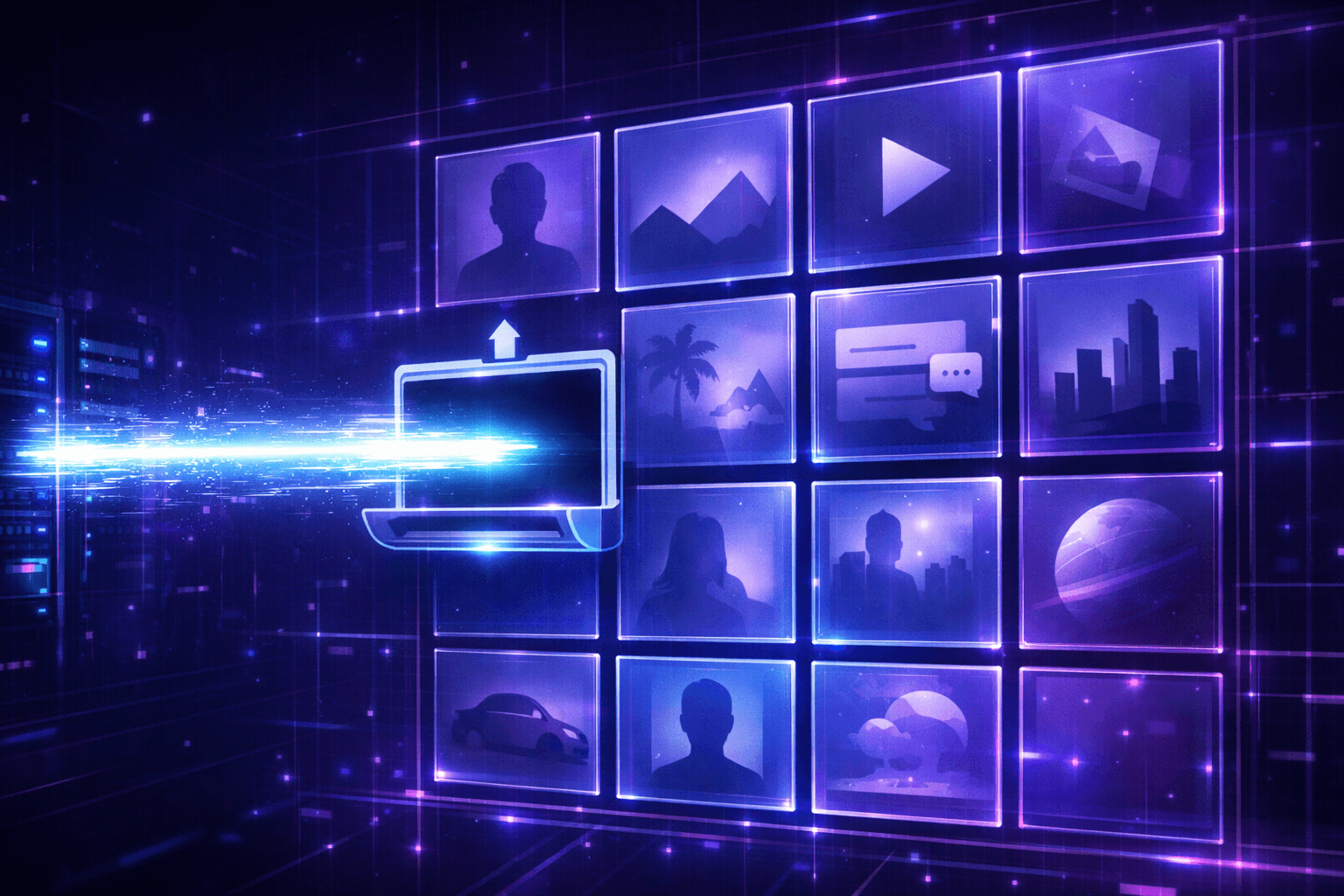 Futuristische Medienbibliothek-Schnittstelle. Ein Raster aus durchscheinenden, leuchtenden Paneelen zeigt konzeptionelle Silhouetten von Bildern und Videos. Ein UPLOAD-Slot sendet einen Energie-Beam nach links.