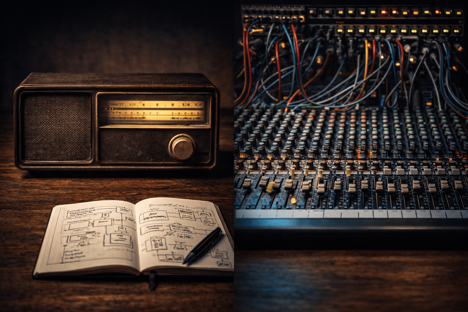 Ein einfaches Radio neben einem komplexen Mischpult mit vielen Reglern und Kabeln.