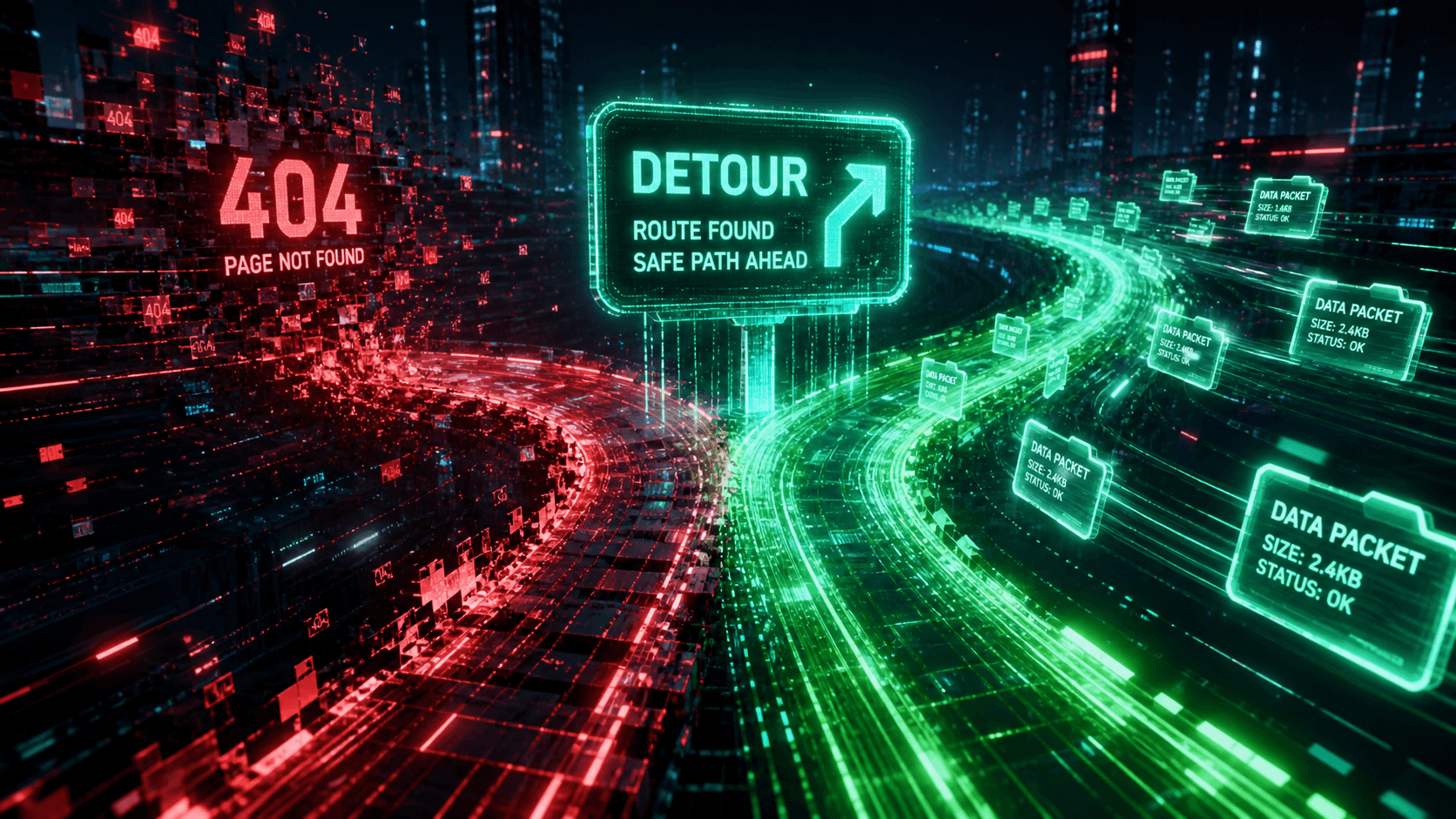 Ein holografisches Umleitungsschild auf einer digitalen Datenautobahn, das defekte rote Datenpakete auf einen sicheren, leuchtend grünen Weg lenkt.