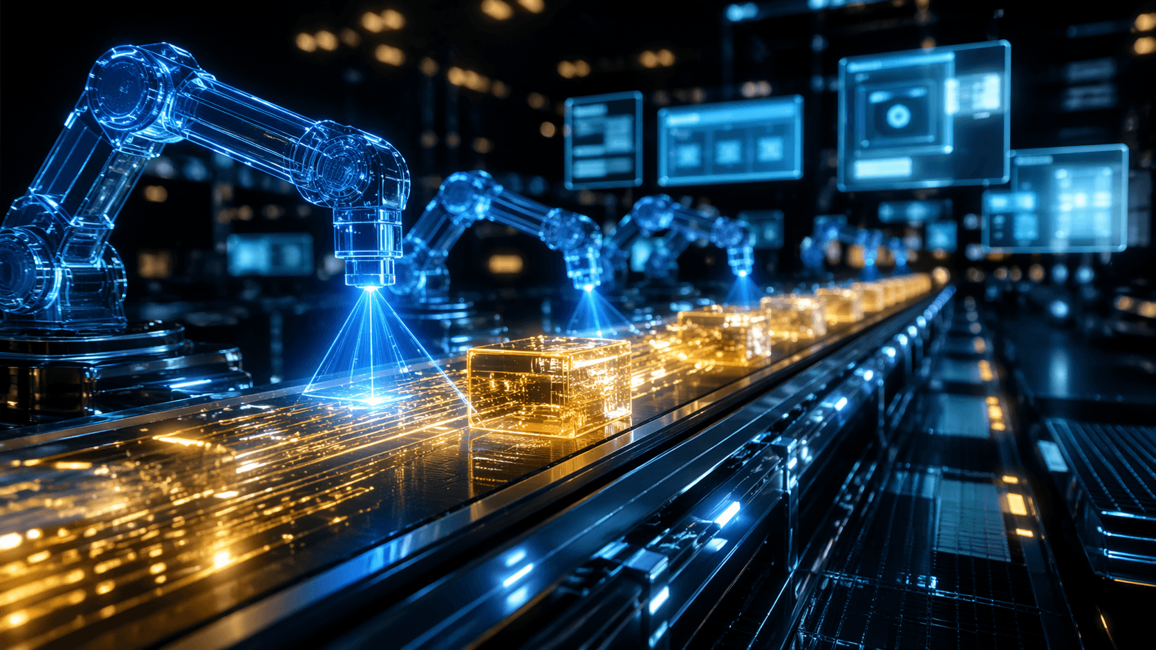 Ein futuristisches, hochautomatisiertes Fließband, auf dem digitale Textdokumente von Lasern geprüft und in leuchtende Webseiten umgewandelt werden.