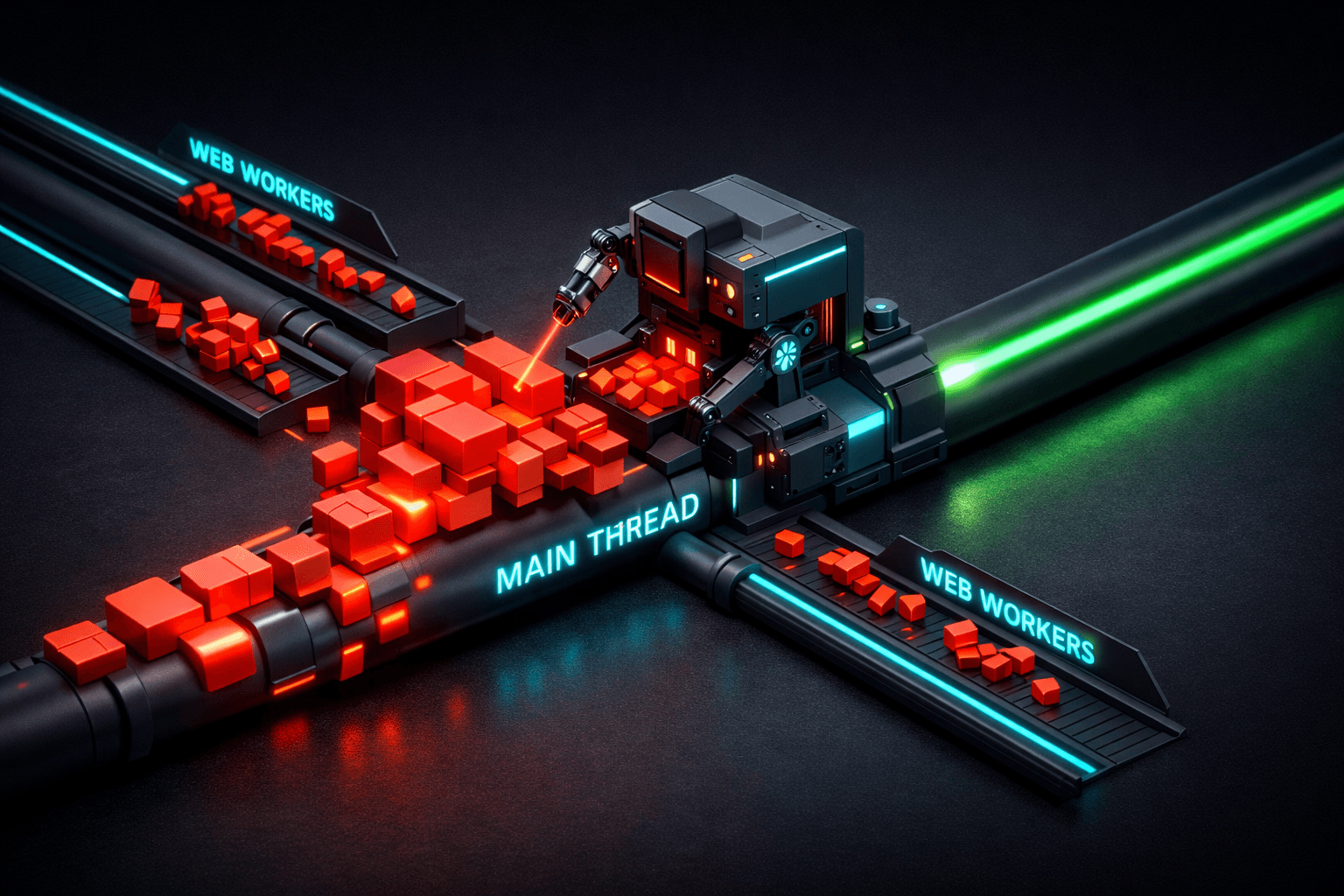 Visualisierung eines Prozessors: Ein Roboter sortiert rote Blöcke (Long Tasks) aus dem Hauptstrang aus, um den Weg freizumachen.