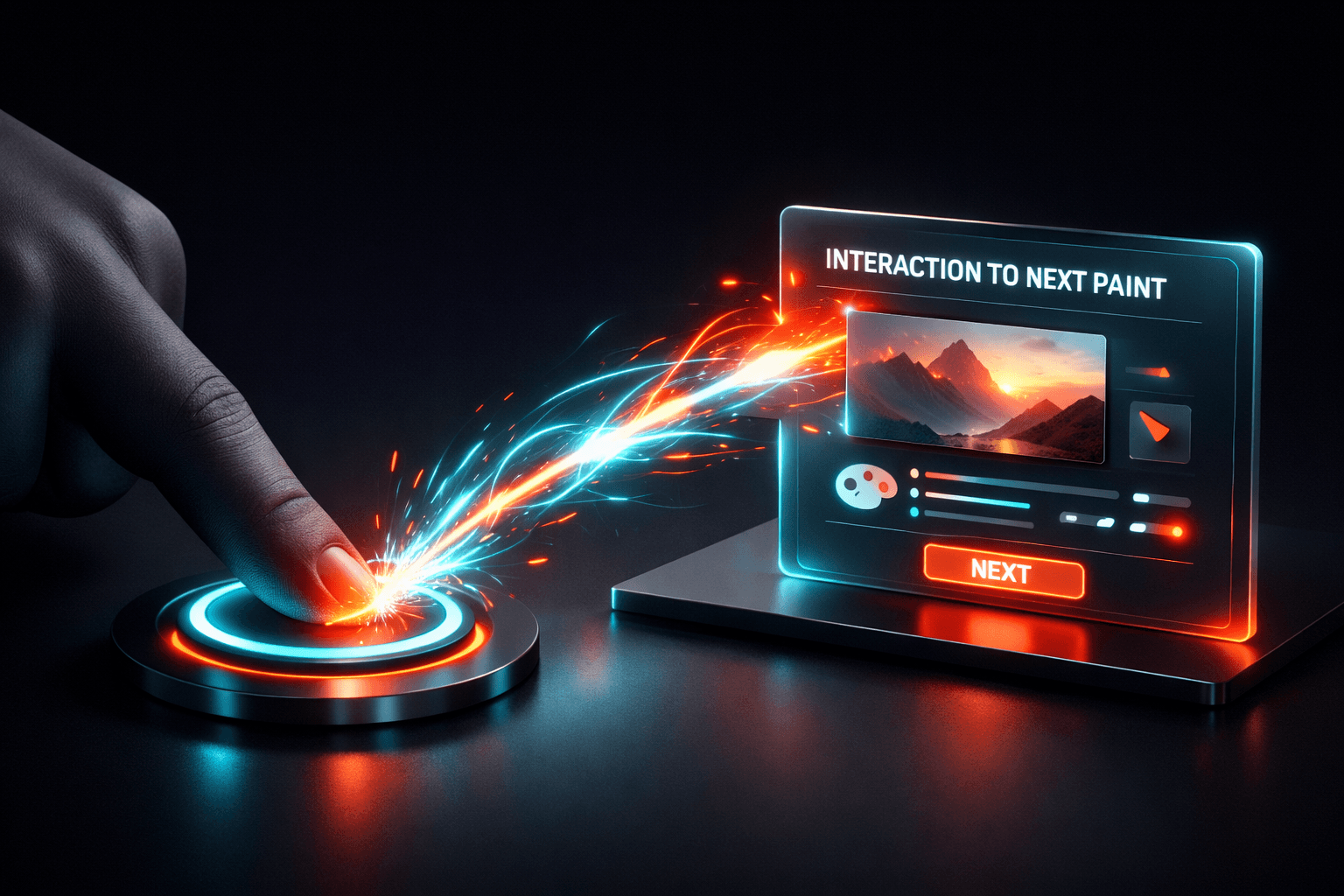Nahaufnahme eines Fingers, der einen digitalen Button drückt, wobei sofort ein Energie-Impuls als visuelles Feedback ausgelöst wird.