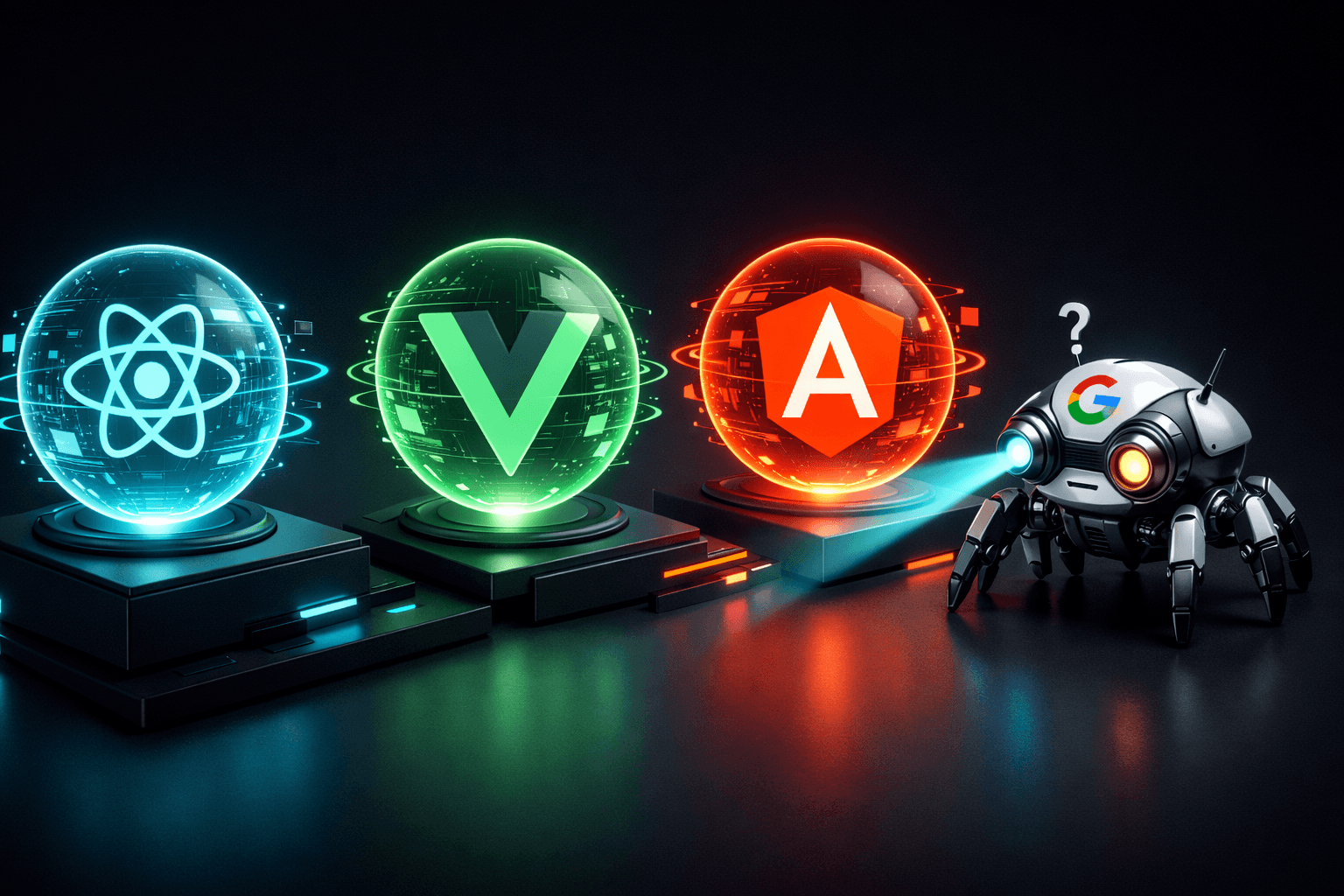 Ein Roboter-Googlebot scannt komplexe Hologramme von React-, Vue- und Angular-Logos.