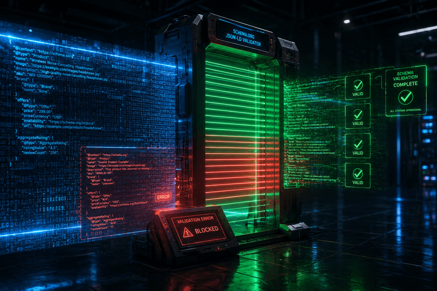 Ein digitaler Scanner validiert strukturierten JSON-LD Code auf Fehler und blockiert fehlerhafte Daten.