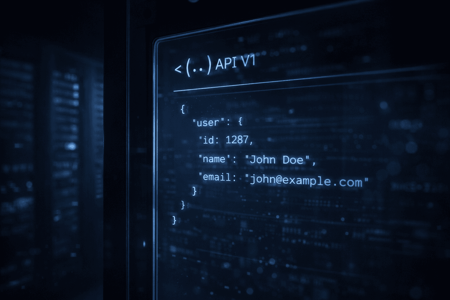 Minimalistische Nahaufnahme eines futuristischen Glaspanels. Darauf ein leuchtendes, strukturiertes API-Response-Snippet und ein dezentes 'API V1' Symbol. Der Hintergrund ist ein edler, dunkler Serverraum mit tiefblauem Licht.