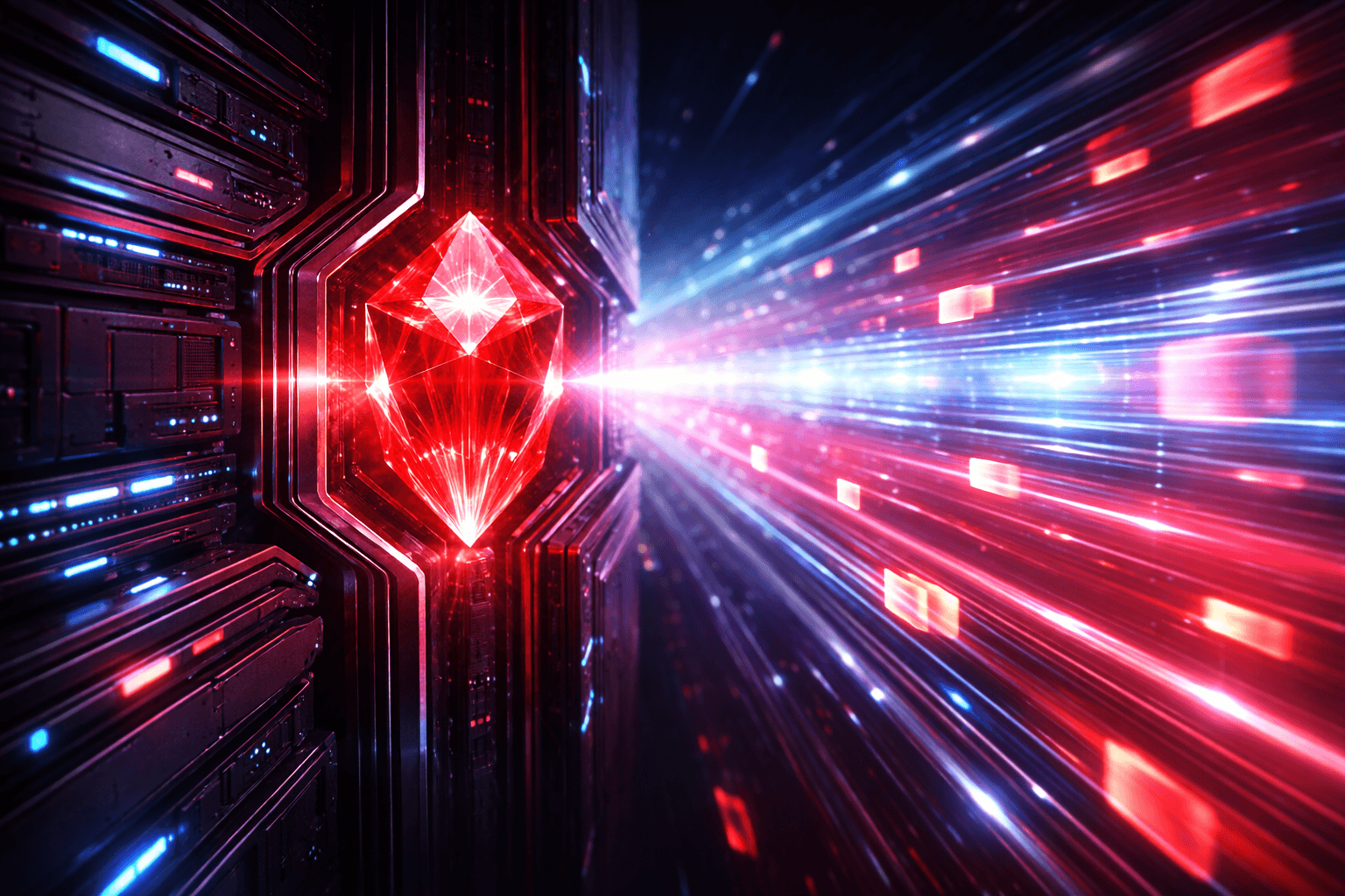 Nahaufnahme einer futuristischen Speicherbank. Ein rot leuchtender Kristallkern (Redis) reflektiert Datenpakete blitzschnell, sodass sie den Hauptserver umgehen. Cyberpunk-Ästhetik.