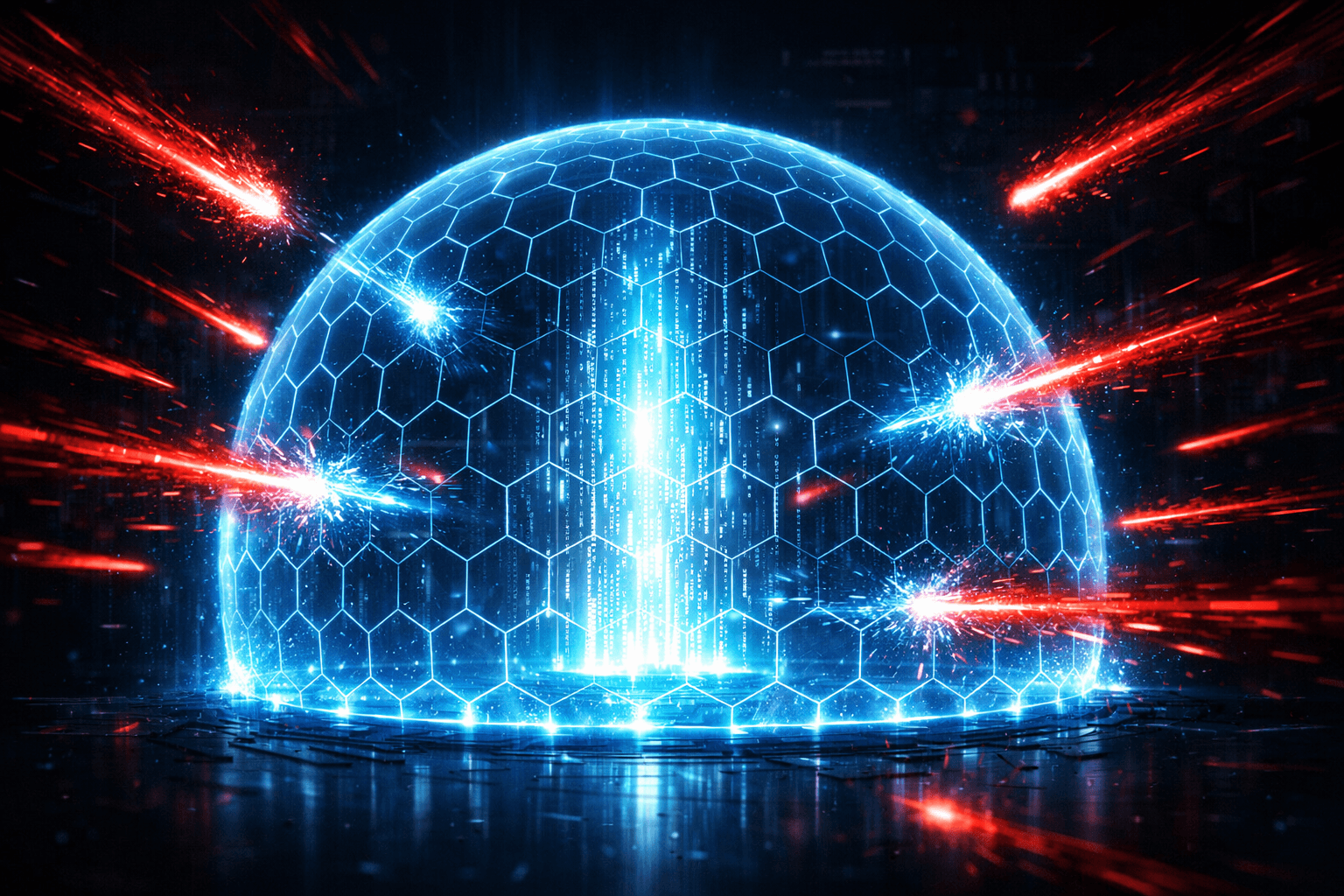 Ein undurchdringlicher, hexagonaler Energie-Schild schützt einen hellen Datenkern vor chaotischen, roten Daten-Spikes, die Spam-Angriffe darstellen. Ruhiges, abwehrendes blaues Licht.
