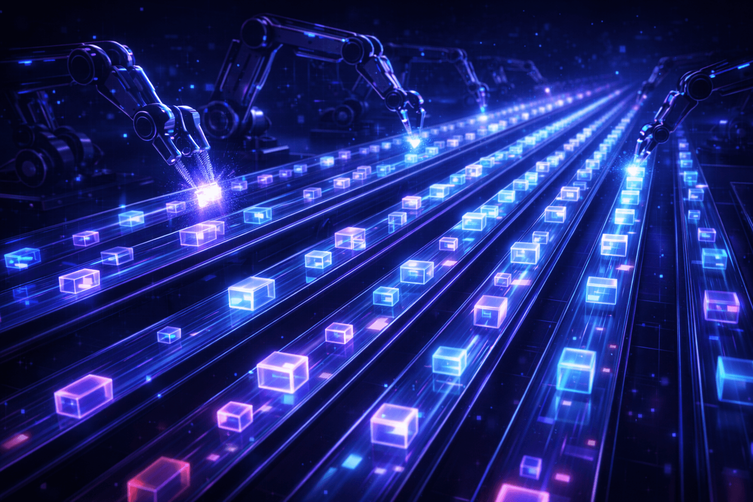Futuristische automatisierte Fabrik im Cyberspace. Leuchtende Datenpakete werden auf schnellen Energie-Förderbändern sortiert und von Roboterarmen im Hintergrund asynchron verarbeitet.