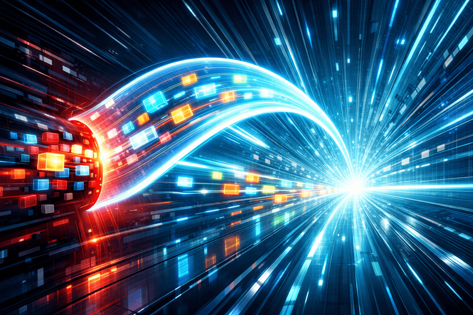 Datenpakete rasen durch einen Hochgeschwindigkeits-Tunnel und umgehen einen Flaschenhals.