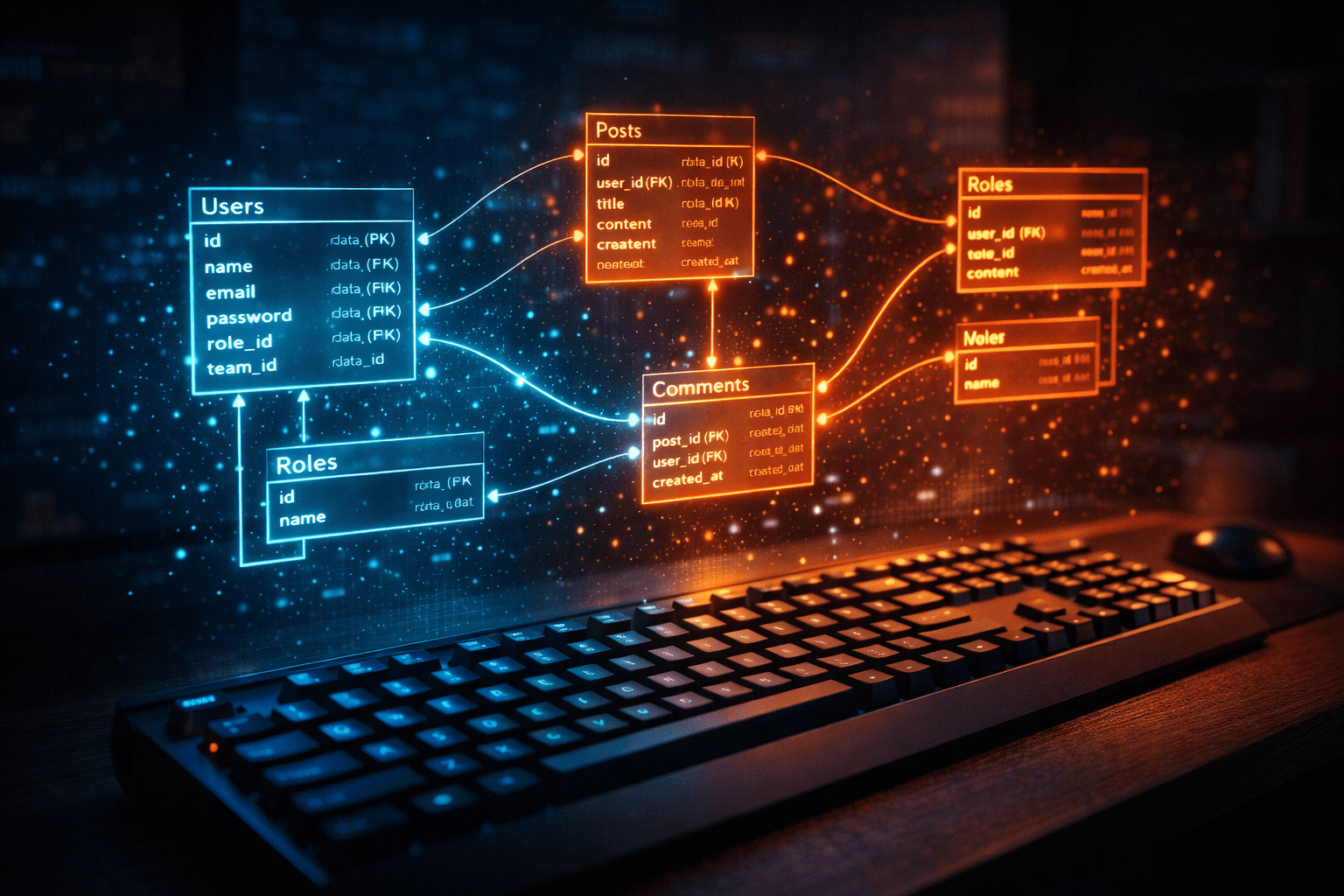 Holografisches Datenbank-Schema über einer Tastatur für das Laravel Setup