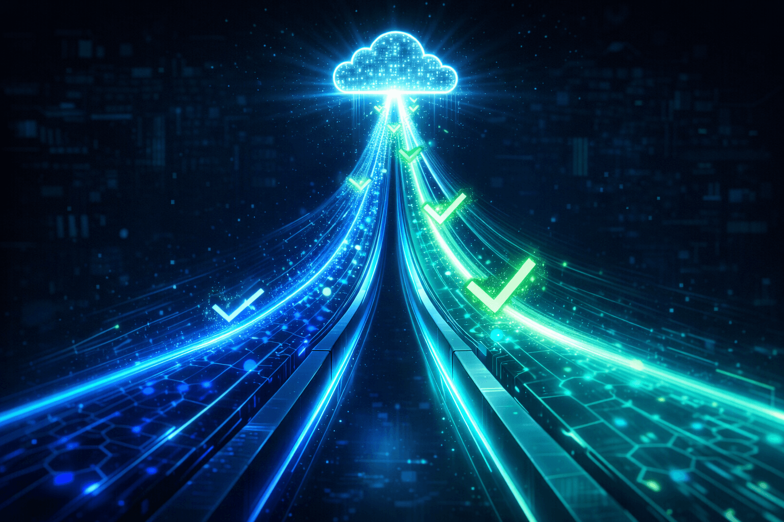 Stilisierte High-Tech-Startsequenz. Zwei leuchtende Datenströme verschmelzen in einer automatisierten Pipeline, die in eine strahlende digitale Wolke aufsteigt, begleitet von grünen Häkchen.