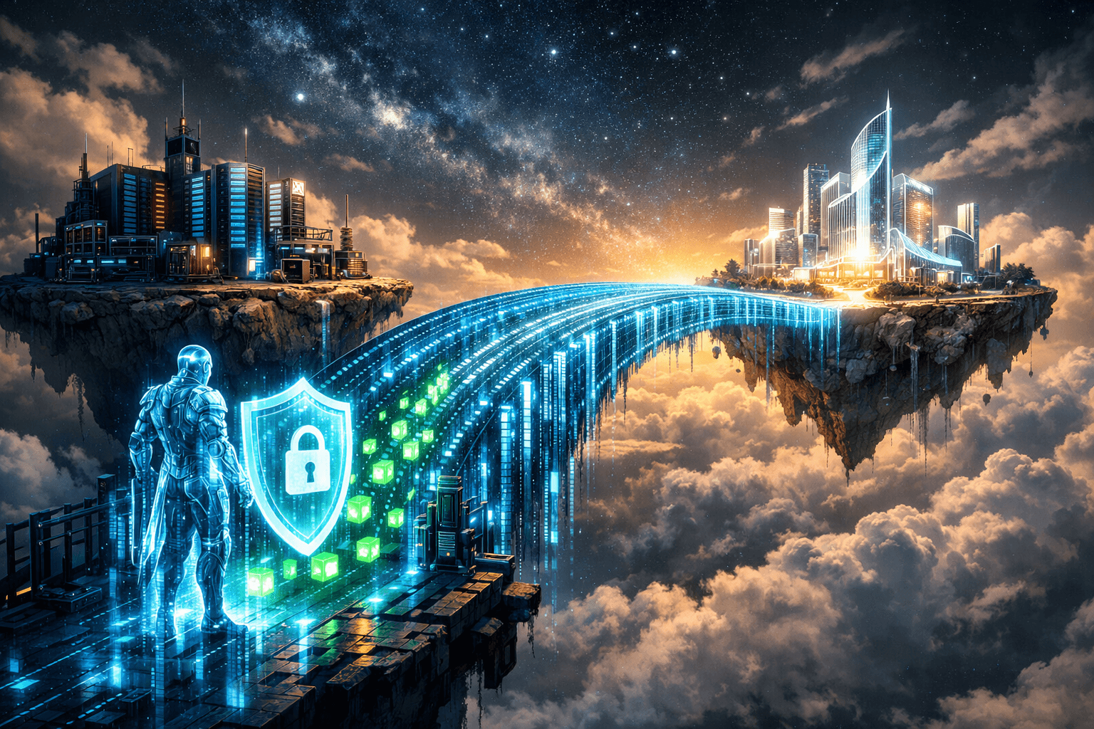 Eine leuchtende Datenbrücke verbindet zwei technische Welten, symbolisch für die CORS-Konfiguration.