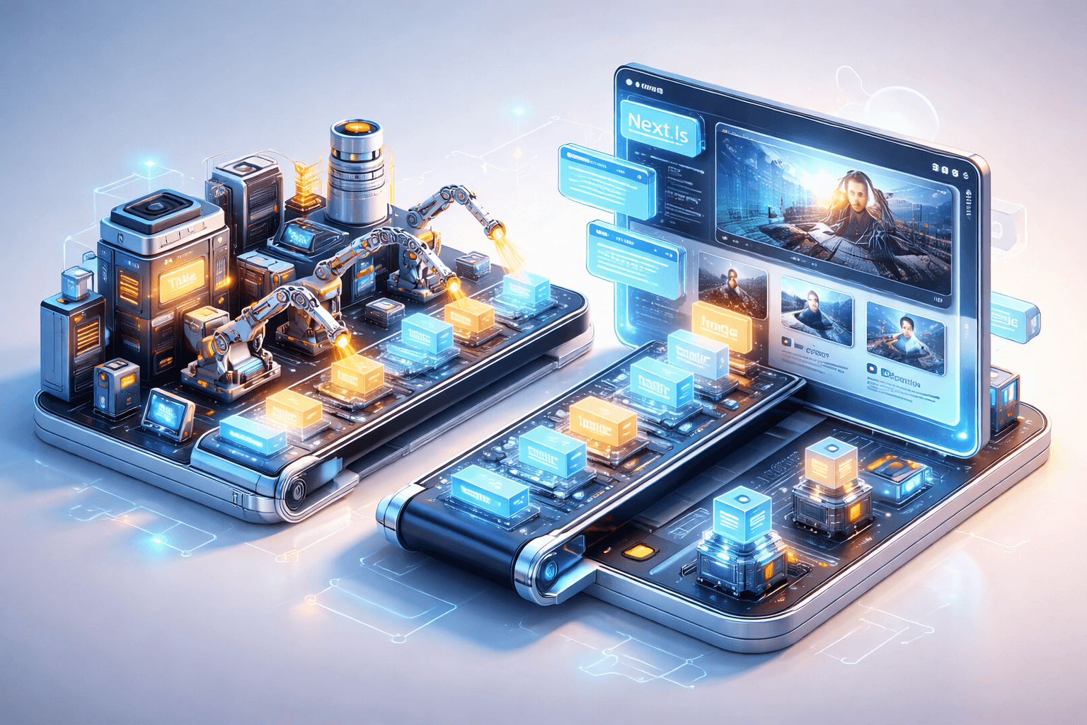 Isometrische Darstellung einer Fabrik, die Testdaten generiert und an ein Web-Interface sendet.