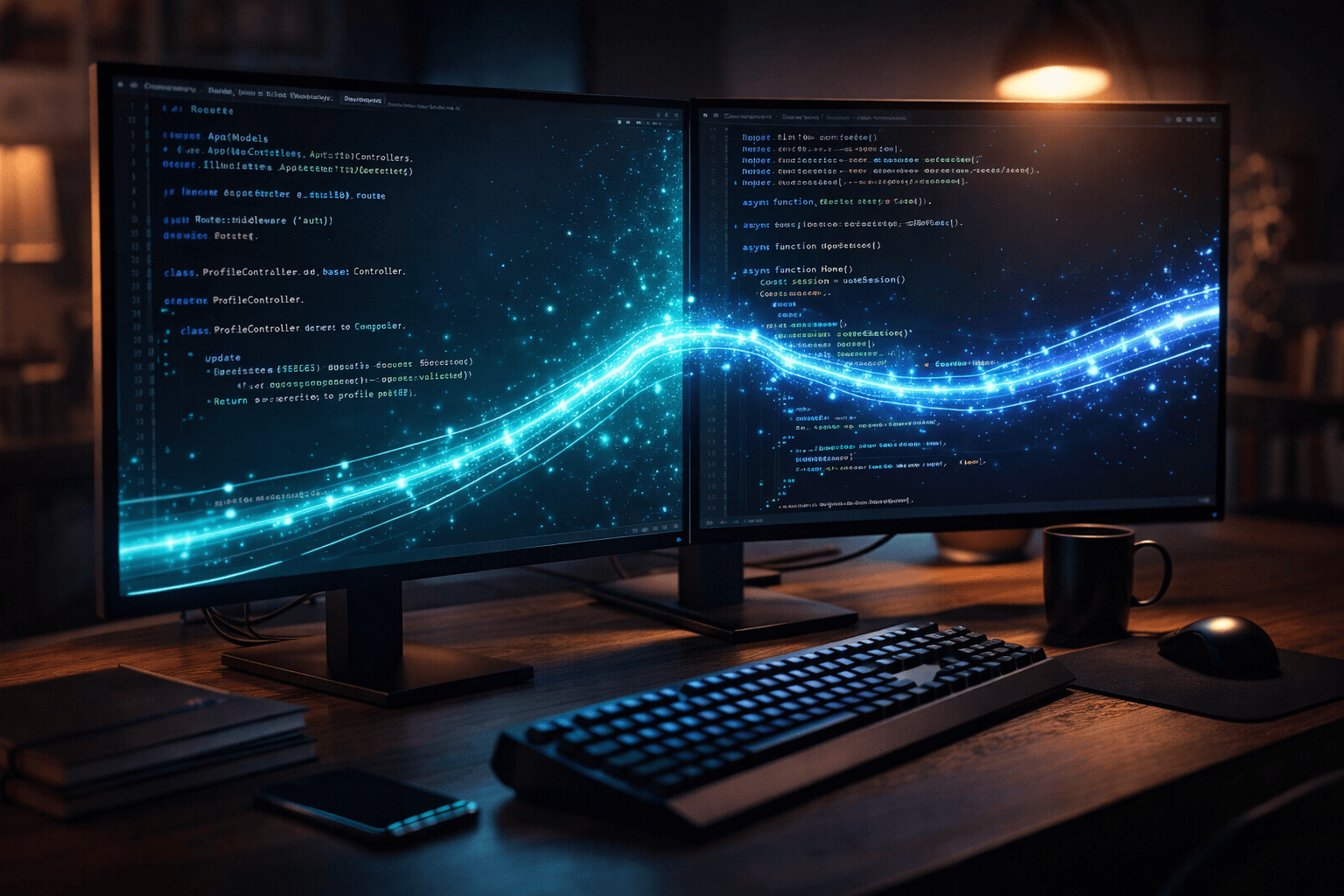 Moderner Arbeitsplatz mit Code-Editor, der Laravel und Next.js zeigt.