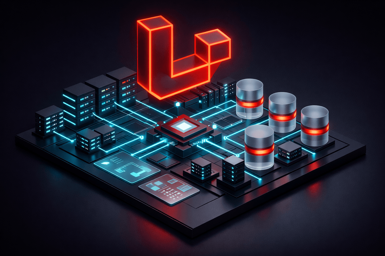 Ein leuchtender 3D-Bauplan einer komplexen Laravel-Applikation, bei dem Serverknoten und Datenbanken durch schnelle Energie-Linien verbunden sind.